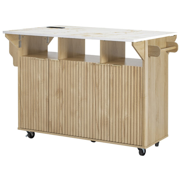 English Elm K&k Fluted Rolling Kitchen Island Faux Marble Top Power Outlet Storage Drawers Natural N707P353934Y