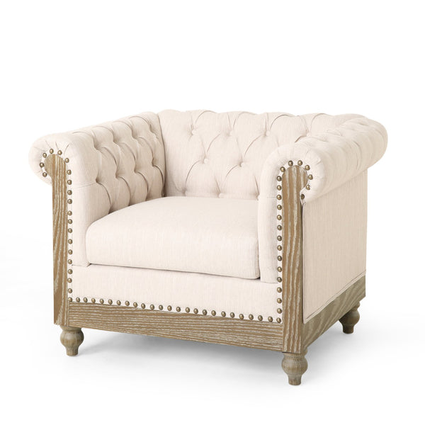 English Elm Christopher Knight Home® - CLUB Club Chair Chesterfield-Inspired Tufted PU Upholstery with Nailhead Trim, Scrolled Arms, Turned Legs Beige 39.25 L x 34.25 W x 25 H 72069.00FBGE