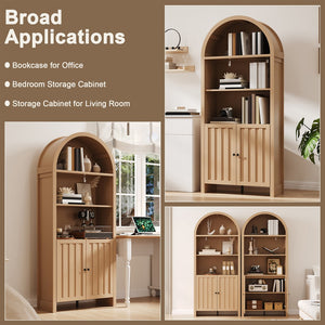 English Elm 71" Tall Farmhouse Bookshelf with Arched Top and Lower Cabinet, Rustic Slatted Doors, Sturdy Design Natural T3771P371395