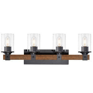 English Elm 4-light Industrial Farmhouse Vanity Bar Wood Backplate Matte Black Clear Glass Bath T3963P458336
