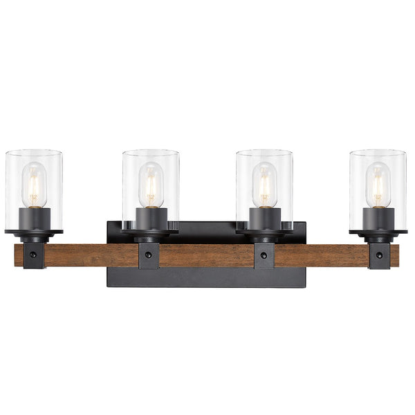 English Elm 4-light Industrial Farmhouse Vanity Bar Wood Backplate Matte Black Clear Glass Bath T3963P458336