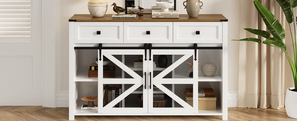 English Elm U_style Industrial Sideboard with Sliding Barn Doors Iron Mesh Panels and Three Drawers White N711P347384K