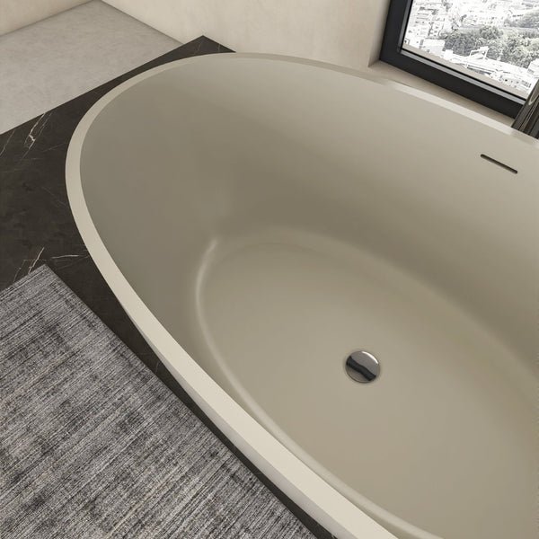 English Elm 55 Inch Solid Surface Freestanding Soaking Tub Matte Beige Spa Style Bathtub W1613P371990