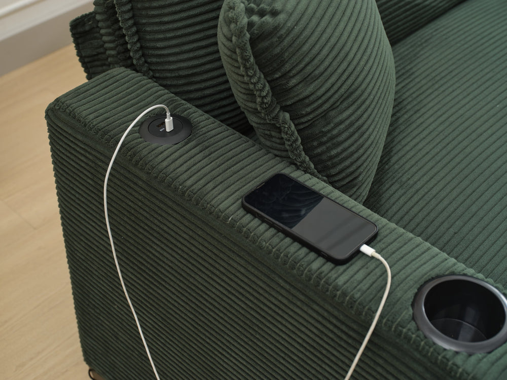 English Elm L Shape Sofa Couch With Usb Port & Cup Holder - Green Corduroy 2-Seater Sectional & Footstool W2100S00137