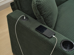 English Elm L Shape Sofa Couch With Usb Port & Cup Holder - Green Corduroy 2-Seater Sectional & Footstool W2100S00137