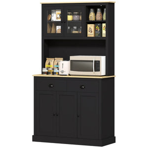 English Elm 71" Freestanding Pantry Cabinet Two-tone Oak and White Finish with Glass Doors T3971P420054