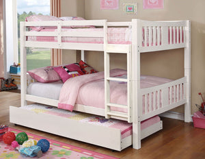 English Elm White Full-Over-Full Bunk Bed With Trundle, Attached Ladder & Safety Rails For Space-Saving Style B2741S00356-GIGA