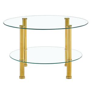 English Elm Contemporary Round Tempered Glass Coffee Table Gold Legs Open Shelf Living Room W1151P234005