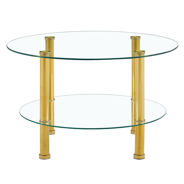 English Elm Contemporary Round Tempered Glass Coffee Table Gold Legs Open Shelf Living Room W1151P234005