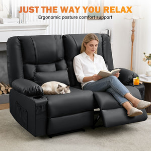 English Elm Recliner Loveseat with Massage Heat Pu Leather Dual Seating and Usb Charging Ports Black W1521S00082