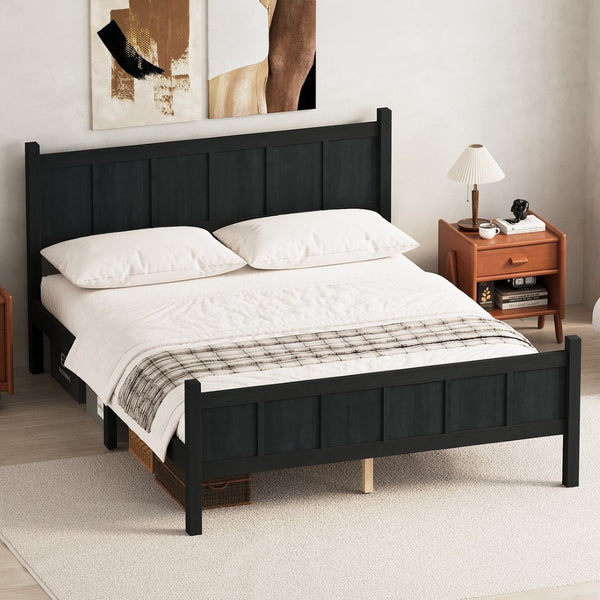 English Elm Queen Platform Bed Shaker Farmhouse Style with Vertical Slat Headboard and Wood Grain Finish Black N733P422480E