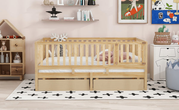 English Elm Full Size Pinewood Kids Daybed with Fence Rails Split Floor Bed and Storage Drawers Natural LP100882AAN