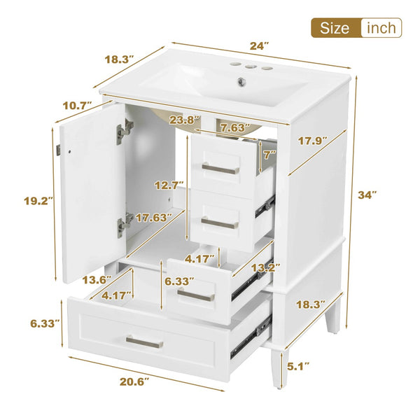 English Elm 24" Olive Bathroom Vanity Solid Wood Frame Ceramic Sink Gold Hardware Soft Close White N729P373276K
