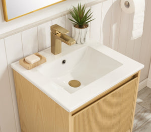 English Elm 20 Inch Ash Wood Bathroom Vanity Pre-assembled with Ceramic Basin and Adjustable Storage W2316P380501