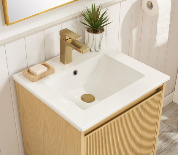 English Elm 20 Inch Ash Wood Bathroom Vanity Pre-assembled with Ceramic Basin and Adjustable Storage W2316P380501