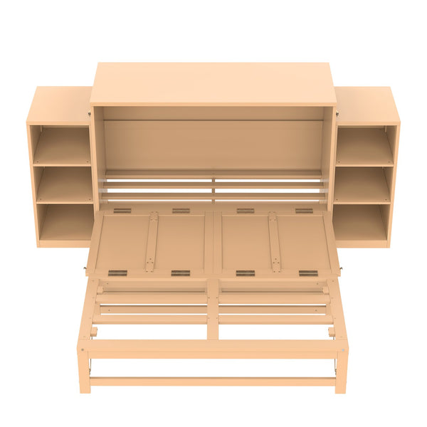 English Elm Full Golden Murphy Bed with Storage Drawers & Shelves, Space-Saving Wall Cabinet for Guests W1580S00254