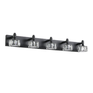 English Elm Modern 5-Light Matte Black LED Vanity Light with Crystal Shades, Dimmable 6000K 1625LM Bath Sconce W2312P374903