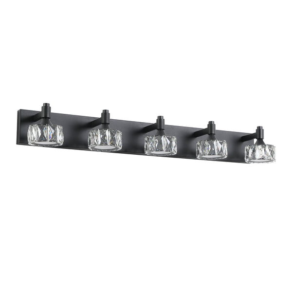 English Elm Modern 5-Light Matte Black LED Vanity Light with Crystal Shades, Dimmable 6000K 1625LM Bath Sconce W2312P374903