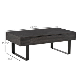 English Elm HOMCOM Rustic Mid-Century Coffee Table with Large Drawer, Wood Grain Top & Metal Sled Legs, Dark Gray W2225P249726