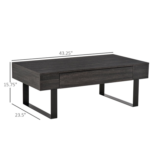 English Elm HOMCOM Rustic Mid-Century Coffee Table with Large Drawer, Wood Grain Top & Metal Sled Legs, Dark Gray W2225P249726