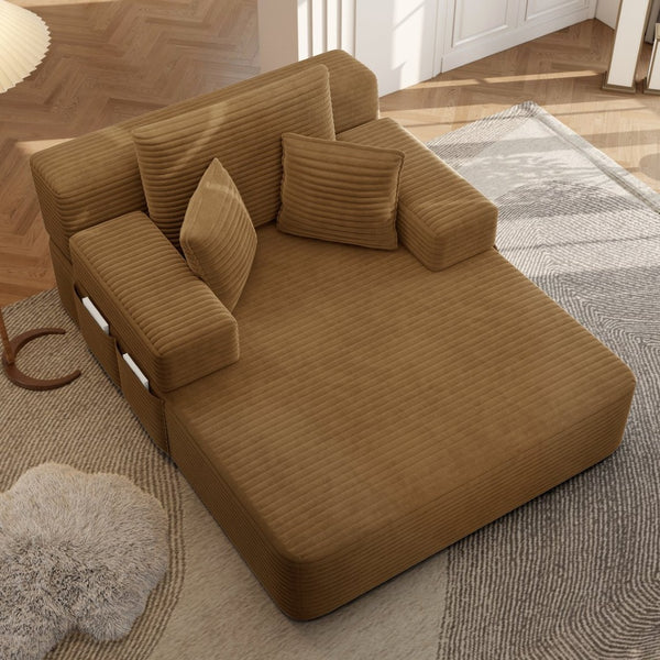 English Elm Luxurious Corduroy Convertible Chaise Lounge Sofa Bed with Storage and Coil Spring Foam Camel W3219P483086