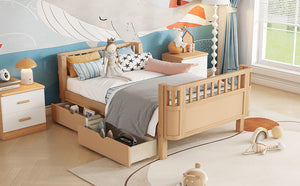 English Elm Twin Solid Wood Platform Bed with Guardrail for Kids, Low-Profile Sturdy Pine Frame, Safe Sleep Solution Natural 69.69 L x 18.5 W x 7.68 H W2593P331680