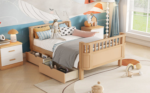 English Elm Twin Solid Wood Platform Bed with Guardrail for Kids, Low-Profile Sturdy Pine Frame, Safe Sleep Solution Natural 69.69 L x 18.5 W x 7.68 H W2593P331680