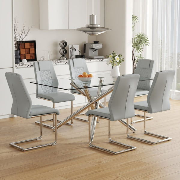 English Elm Table Modern Luxurious 7-Piece Transparent Glass Dining Set With 6 Light Gray Pu Chairs & Metal Legs W1151S04132-GIGA