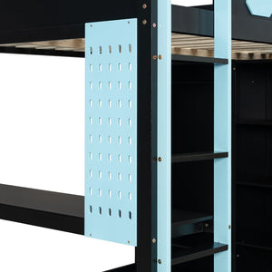 English Elm Full Size Gaming Loft Bed with Rgb Lighting Integrated Desk and Open Wardrobe Blue N820S00073C