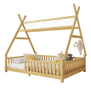 English Elm Twin Montessori Floor Bed House Frame with Led Lighting and Safety Rails for Kids Natural W2593P440591