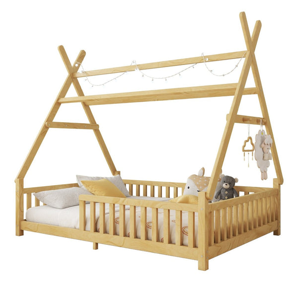 English Elm Twin Montessori Floor Bed House Frame with Led Lighting and Safety Rails for Kids Natural W2593P440591