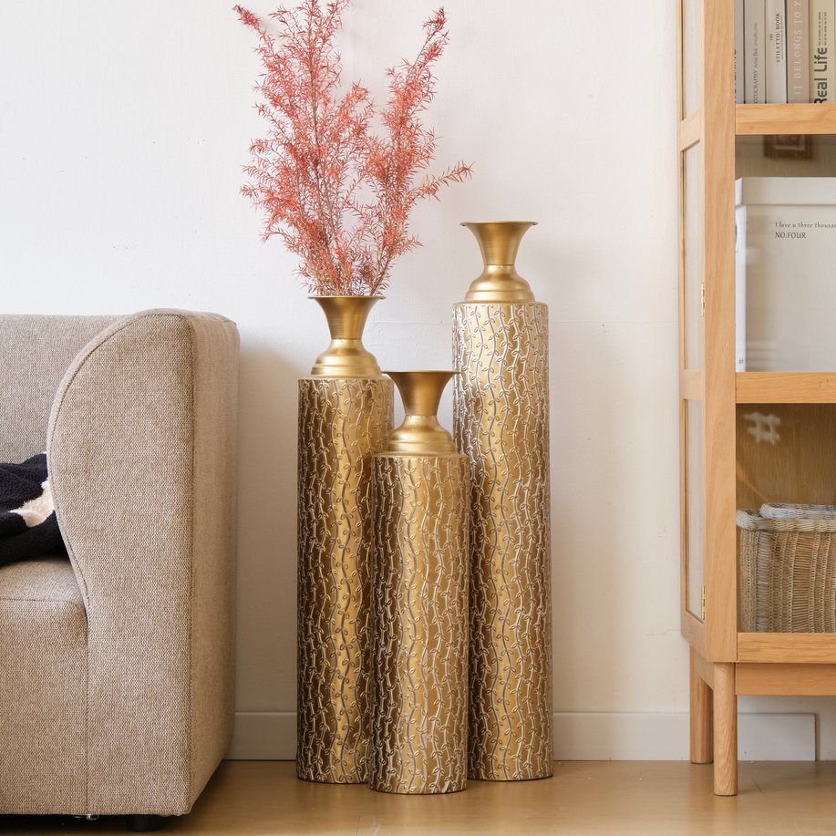 English Elm Metal Decorative Vases Set Of 3 - Antique Gold Finish With Etched Vine Patterns For Elegant Décor W2796P192834