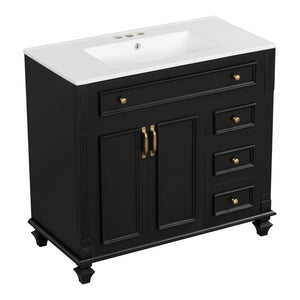 English Elm 36" Modern Bathroom Vanity with Ceramic Sink, Gold Handles, Flip-Out Drawer & Soft-Close Doors Black N725P283623B