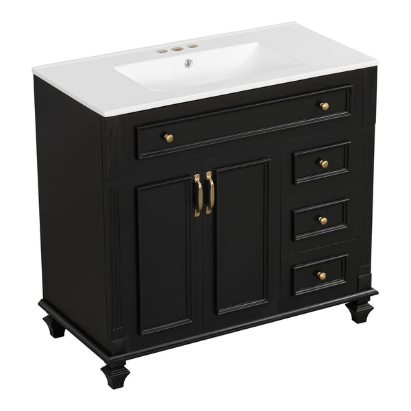 English Elm 36" Modern Bathroom Vanity with Ceramic Sink, Gold Handles, Flip-Out Drawer & Soft-Close Doors Black N725P283623B