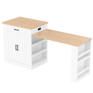 English Elm Extendable Kitchen Island with Storage Drawers Open Shelving and Cabinet in White W1580S00273