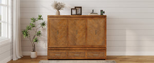 English Elm Queen Murphy Cabinet Bed Pine Wood Geometric Panels Usb Charging Guest Room Storage W504S00303