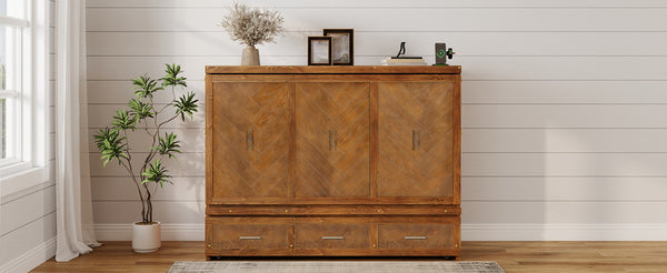 English Elm Queen Murphy Cabinet Bed Pine Wood Geometric Panels Usb Charging Guest Room Storage W504S00303