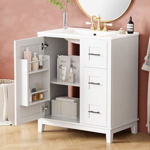 English Elm 30-inch Modern Bathroom Vanity with Ceramic Basin, Rubberwood Frame, Soft-Close Drawers & Organized Storage White N729P290689K