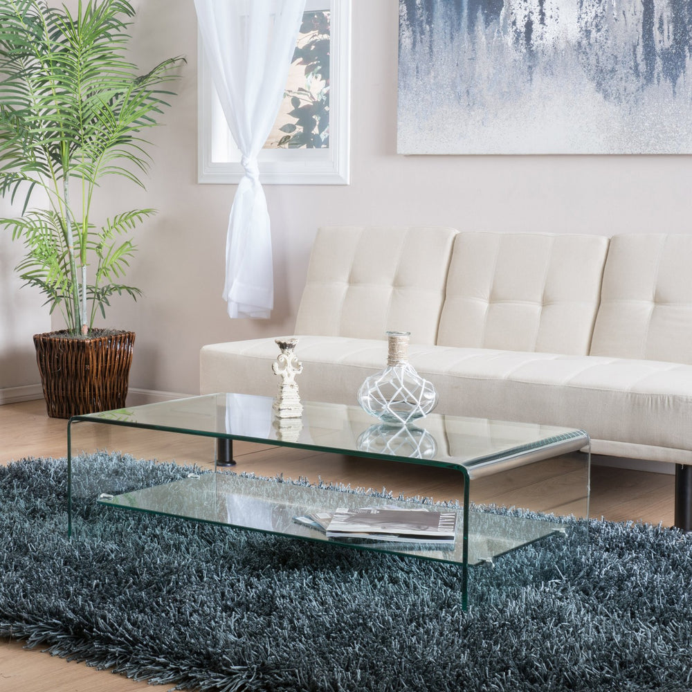 English Elm Christopher Knight Home® - RAMONA Tempered Glass Coffee Table with Shelf - Modern Clear Waterfall Sides, Aluminum Base, 46"L 54984.00