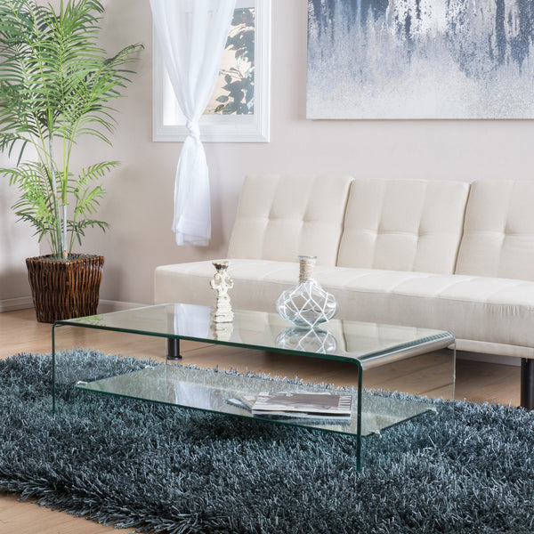 English Elm Christopher Knight Home® - RAMONA Tempered Glass Coffee Table with Shelf - Modern Clear Waterfall Sides, Aluminum Base, 46"L 54984.00