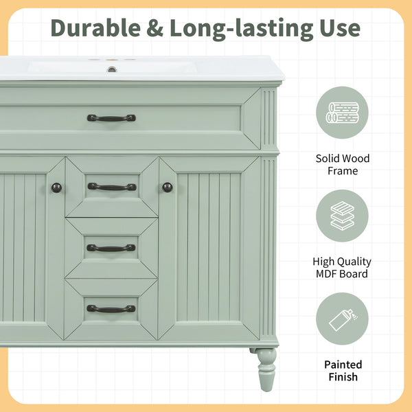 English Elm 36 Inch Bathroom Vanity with Ceramic Sink, Durable MDF & Solid Wood Frame, Soft-Close Doors, Luxe Handles, Ample Organized Storage, Modern Freestanding Design Green N725P314034F