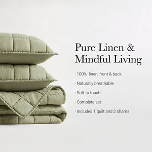 English Elm 3-piece French Linen Quilt Set King Garment Washed Box Stitch Breathable Bedding Olive Green B035P408302