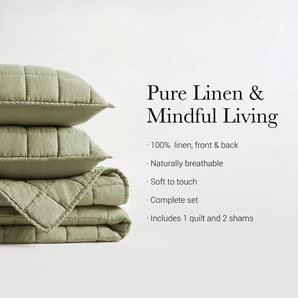 English Elm 3-piece French Linen Quilt Set King Garment Washed Box Stitch Breathable Bedding Olive Green B035P408302