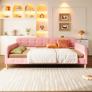 English Elm Queen Upholstered Daybed with Tufted High Sideboard, Linen Finish, Solid Wood Frame, 800lb Capacity Pink N7500001850H