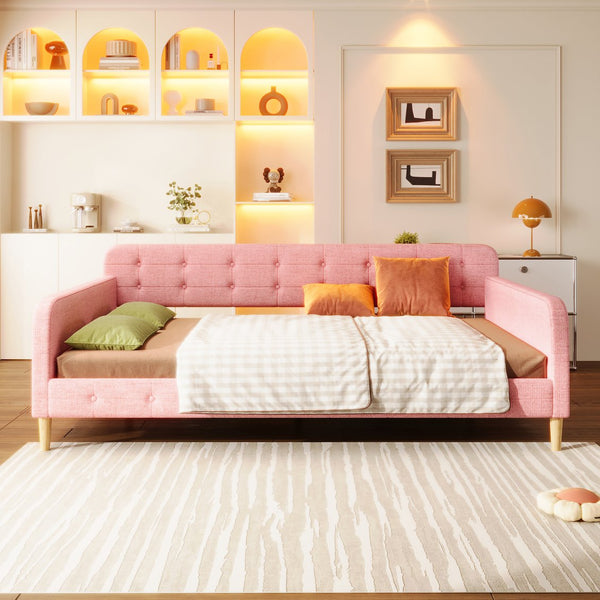 English Elm Queen Upholstered Daybed with Tufted High Sideboard, Linen Finish, Solid Wood Frame, 800lb Capacity Pink N7500001850H