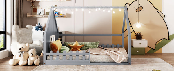 English Elm Full House Bed Frame with Window & Fence Playhouse Design, Sturdy Pine/MDF, Safe 400lb Capacity Gray N709P215545E