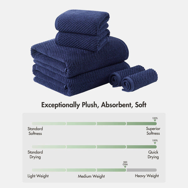 JLA Home Madison Park - 100% Cotton 6-Piece Quick-Dry Diagonal Rib Towels, 503 GSM Ultra-Soft Zero-Twist Plush Set for Bath MP73-8856