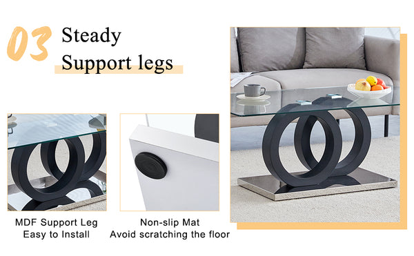 English Elm Modern Glass Top MDF Coffee Table with Interlocking Circle Base, Minimalist Living Room Centerpiece Black W3226P279046