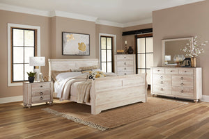 English Elm Imerland Contemporary White Wash Finish Bedroom Set With Queen Sleigh Bed, Dresser, Mirror, Two Nightstands, Chest