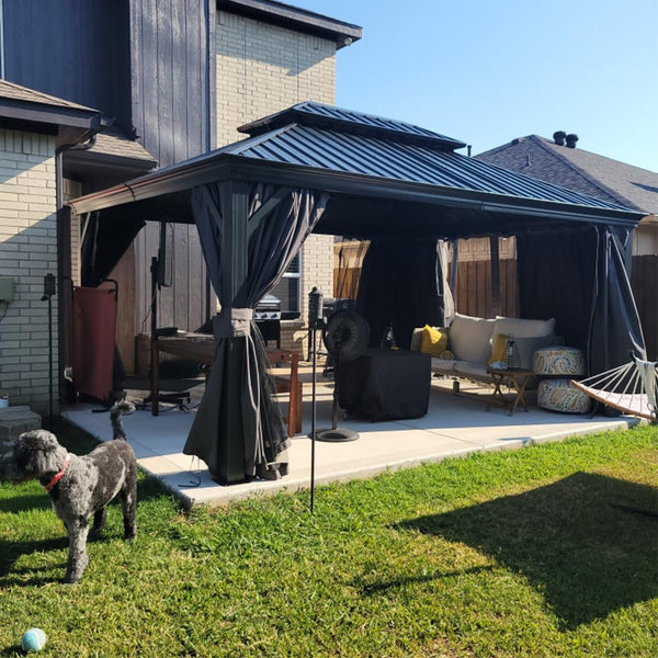 English Elm 12' x 16' Hardtop Gazebo Durable Aluminum Frame with Double Steel Roof, Curtains, Netting, Patio Oasis W1859S00163